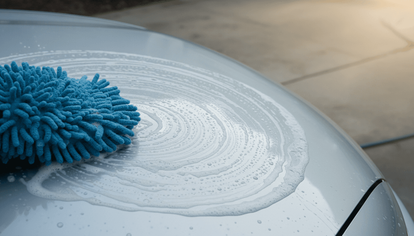 Hand with microfiber mitt washing a car hood