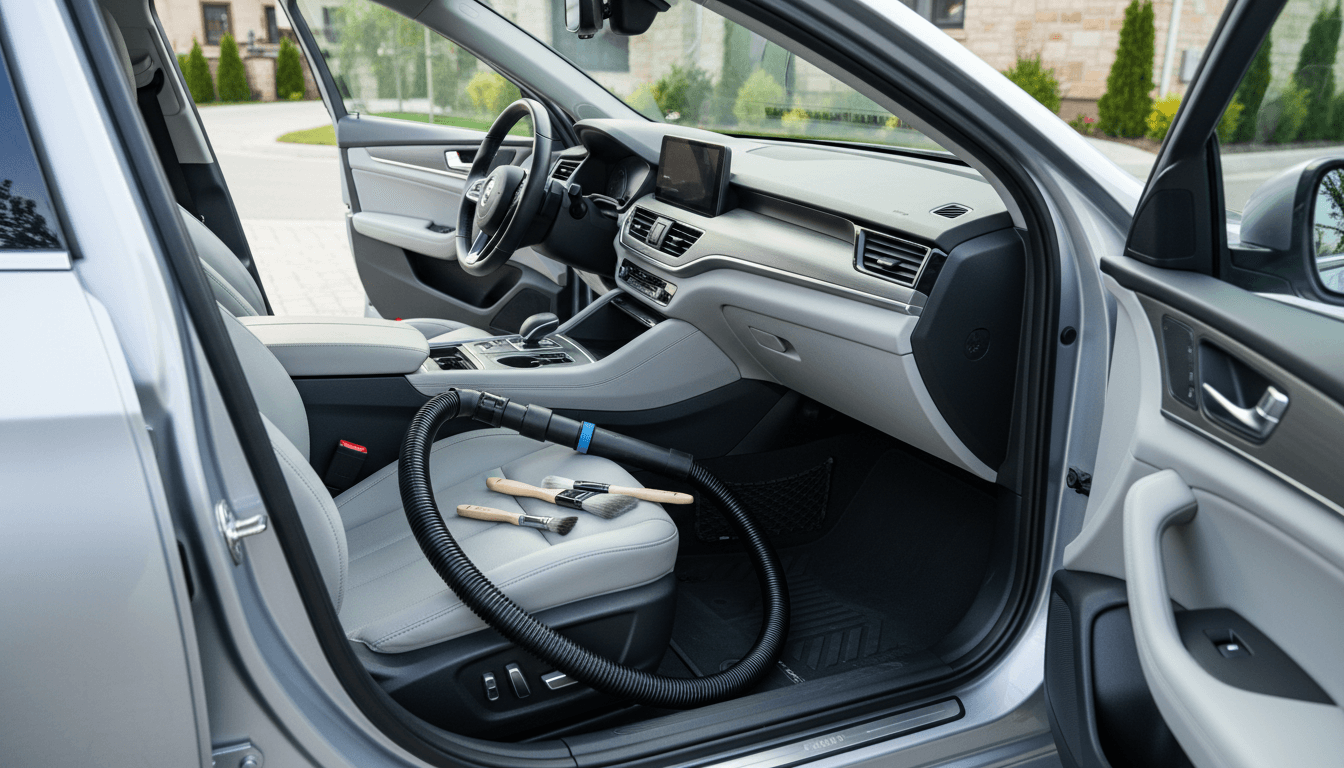 Clean car interior with detailing tools on the seat