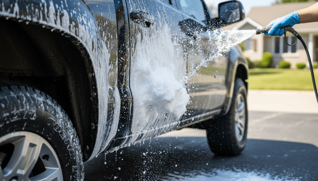 Detailer spraying thick foam onto a dusty pickup truck door