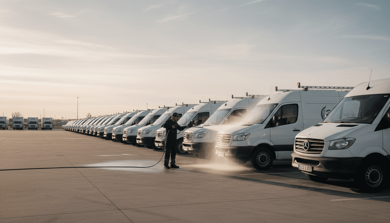Row of clean work vans and trailers in a commercial lot