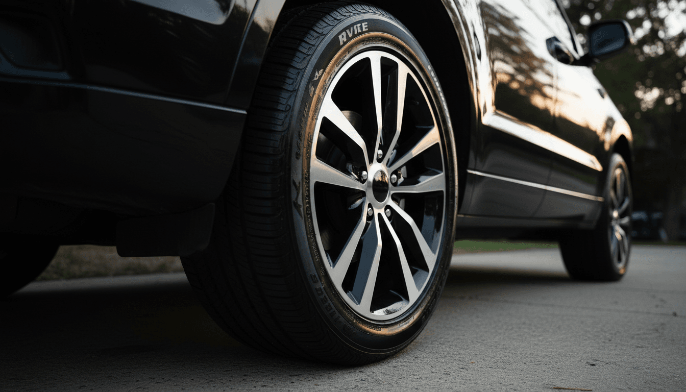 Shiny black tire and rim on a dark SUV after detailing