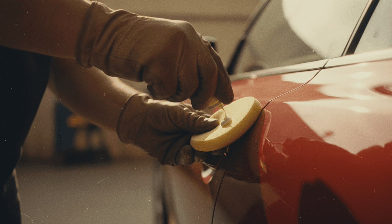 Applying polish to a red car panel with foam applicator