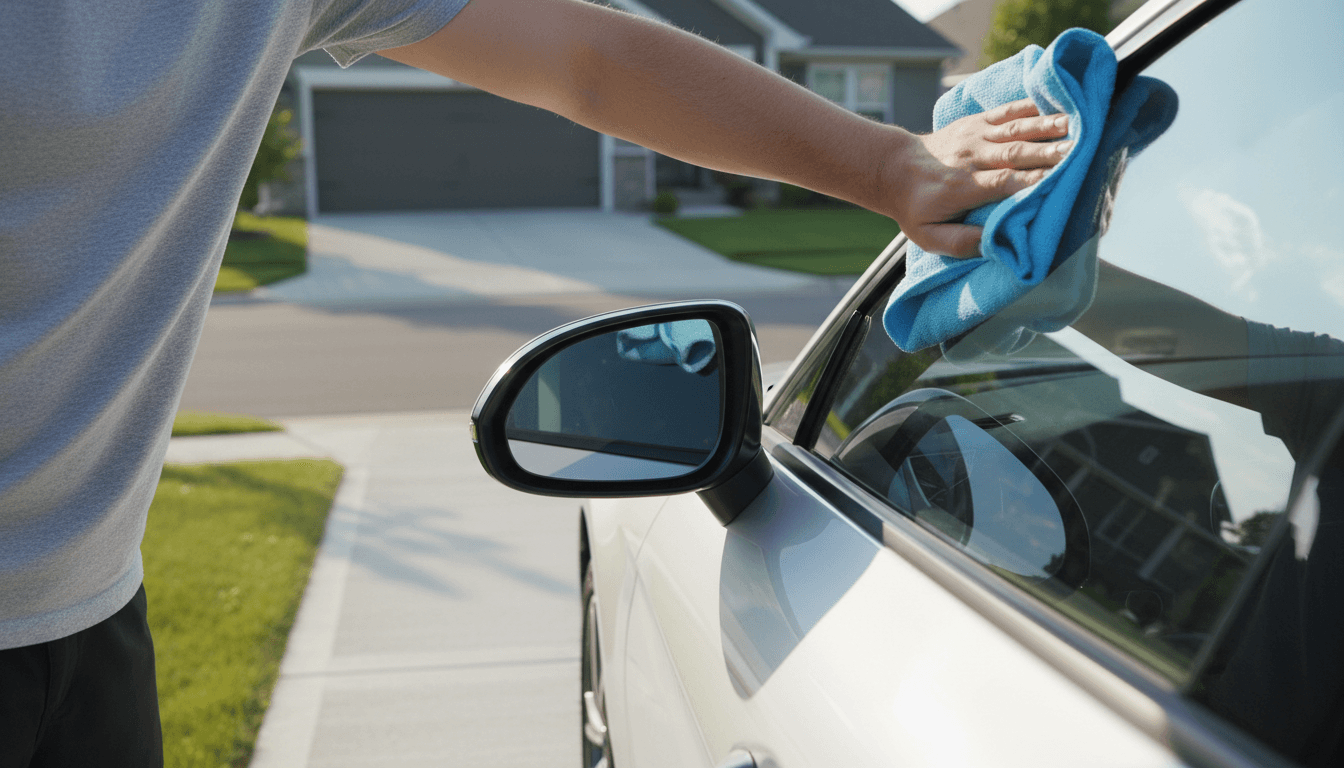 Detailer wiping a side mirror on a glossy car