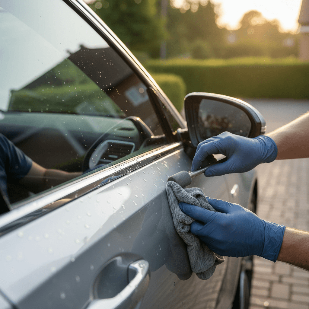 Technician's gloved hands polishing chrome trim on silver sedan with microfiber cloth and professional detailing tools