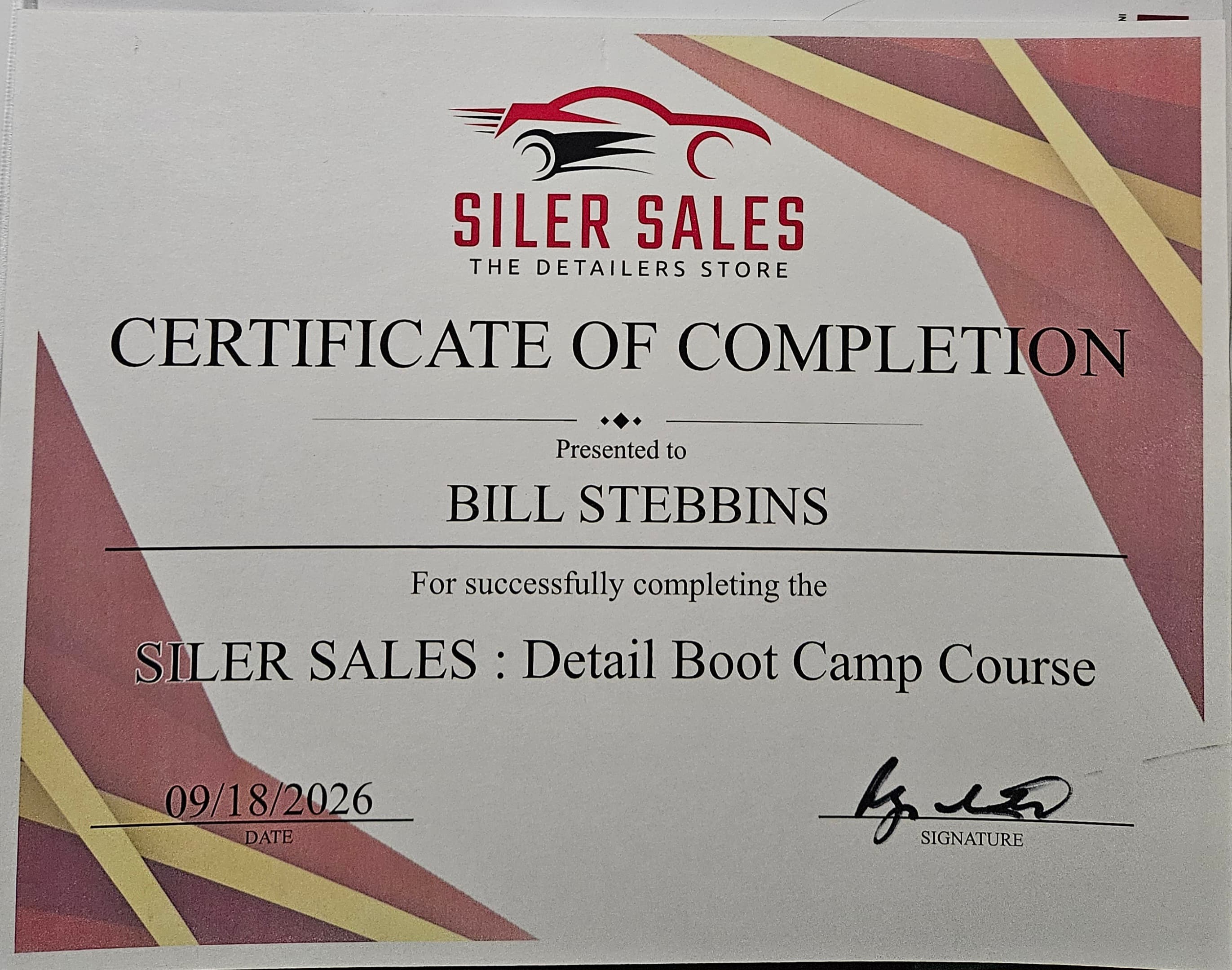 Certificate of Completion awarded to Bill Stebbins for the Siler Sales Detail Boot Camp Course.